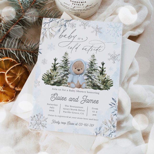 Vinter Nalle Snöflingor Blue Boy Baby Shower Inbjudningar (Skapare uppladdad)