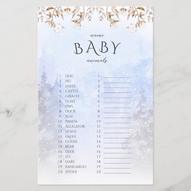 Vinter Namnge Baby Djur Baby Shower Spel (Framsida)