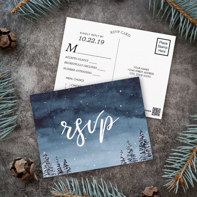 Vinter Natt Akvarell Marinblå | Måltidsval RSVP Vykort (Watercolor Winter wonderland rsvp meal postcard featuring a navy blue night background with snow.)