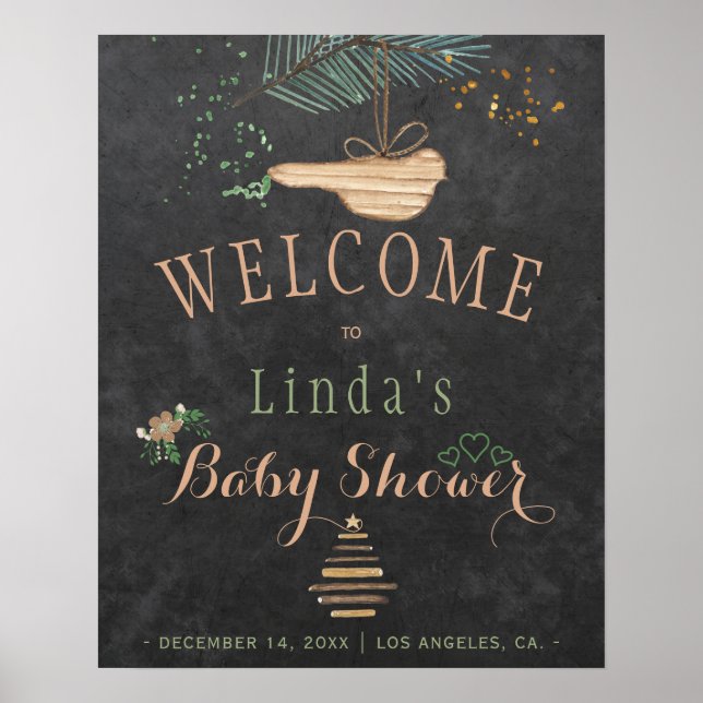 Vinter natur svart tavla akvarell baby shower poster (Framsidan)