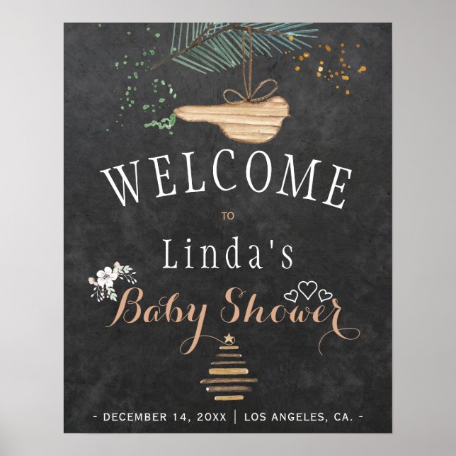 Vinter natur svart tavla akvarell baby shower poster (Framsidan)