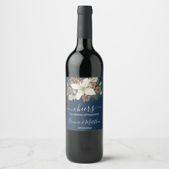 Vinter Navyblå Elegant Skript Bröllop Vinflaska Etikett (Framsida)