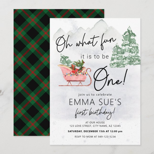 Vinter Oh What roligt jul Sleigh First Birthday Inbjudningar (Fram/baksida)