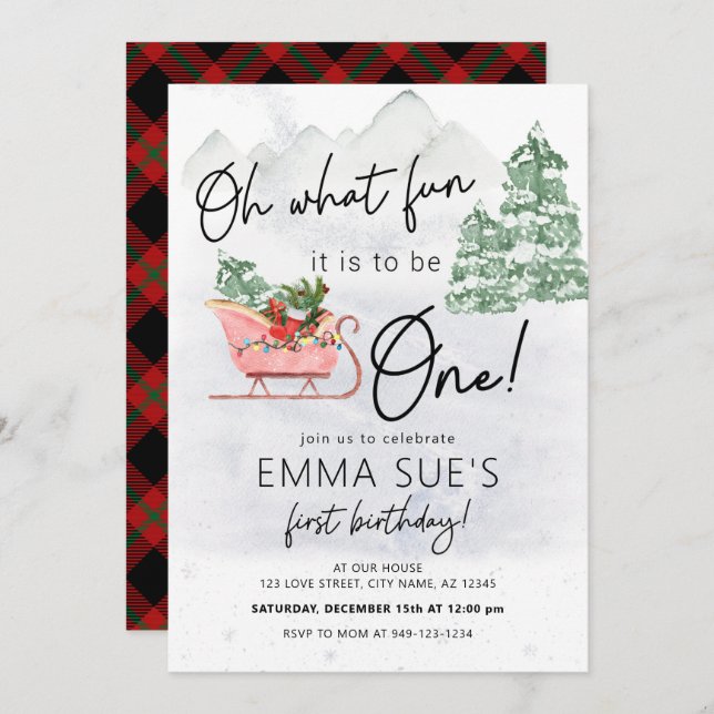 Vinter Oh What roligt jul Sleigh First Birthday Inbjudningar (Fram/baksida)