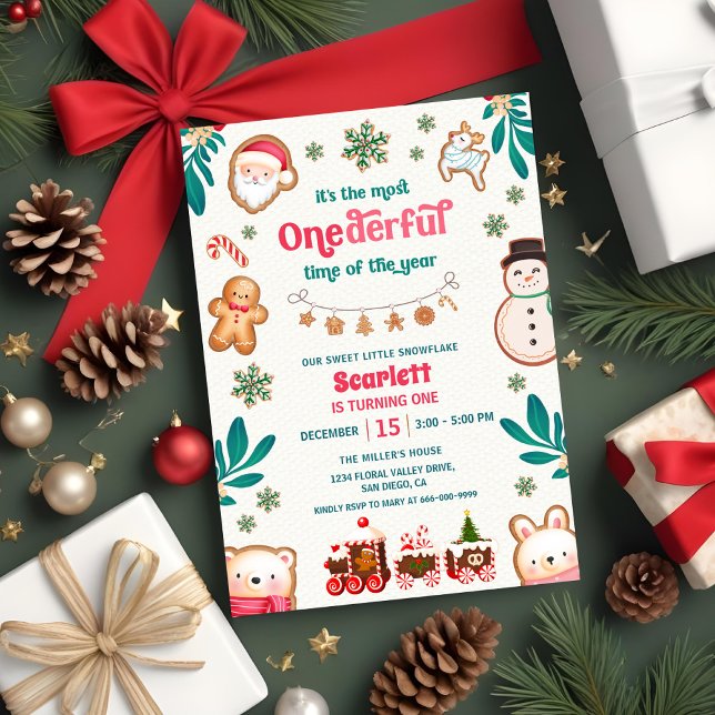 Vinter Onederful Gingerbreadkakans 1-årsfest  Inbjudningar (Winter Onederful time of the year 1st Birthday Party Invitation)
