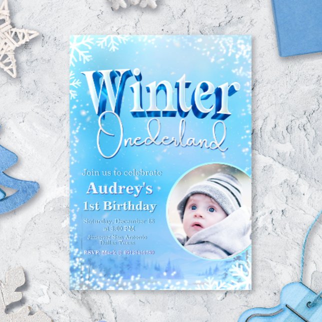 Vinter Onederland - 1:a födelsedag med foto Inbjudningar (Winter Onederland - 1st Birthday with Photo Invitation)