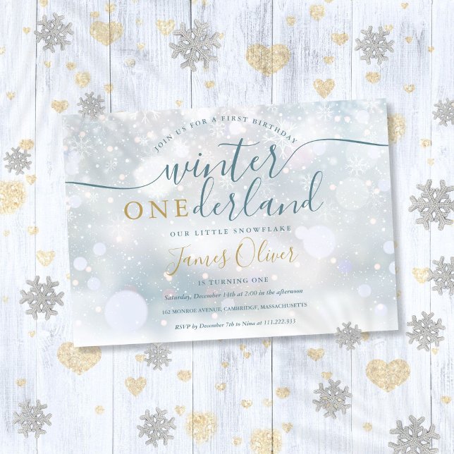 Vinter Onederland 1-års födelsedag Blå Och Guld Inbjudningar (Winter Onederland 1st Birthday Blue And Gold Invitation)