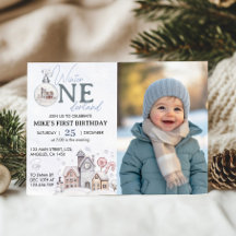 Vinter Onederland 1-års födelsedagsfoto inbjudan