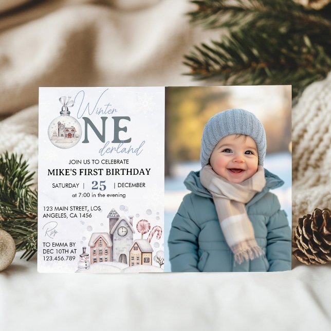 Vinter Onederland 1-års födelsedagsfoto inbjudan (Skapare uppladdad)