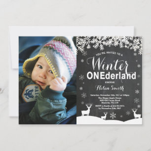 Vinter Onederland 1-års födelsedagsfoto inbjudan