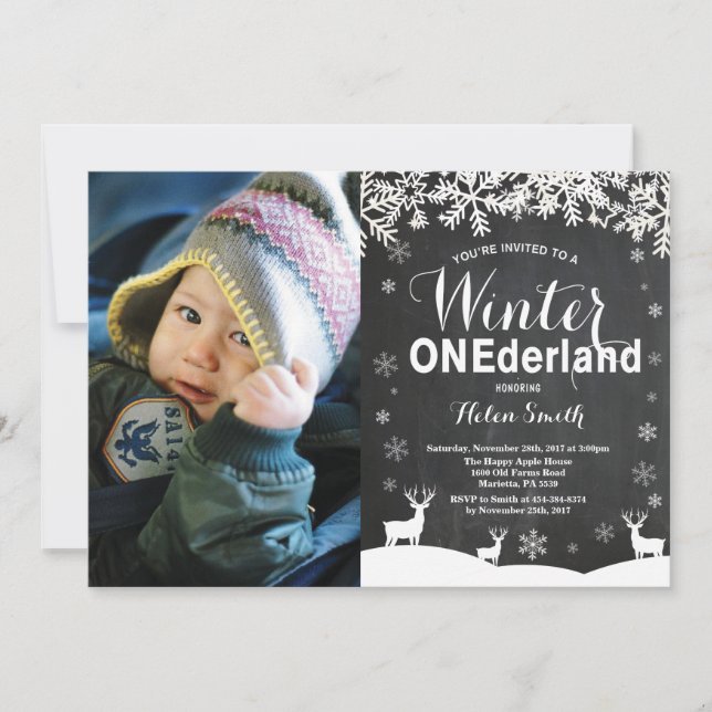 Vinter Onederland 1-års födelsedagsfoto inbjudan (Framsida)