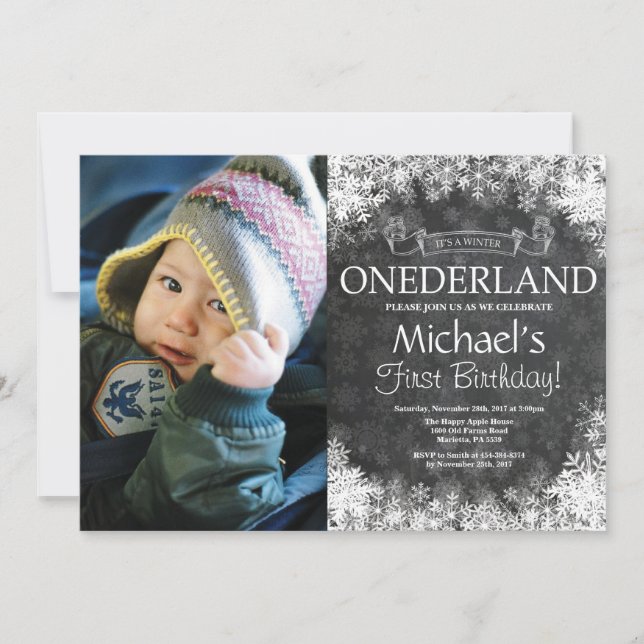 Vinter Onederland 1-års födelsedagsfoto-inbjudan Inbjudningar (Framsida)
