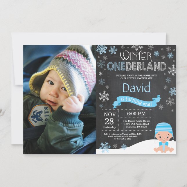 Vinter Onederland 1-års födelsedagsinbjudan Inbjudningar (Framsida)
