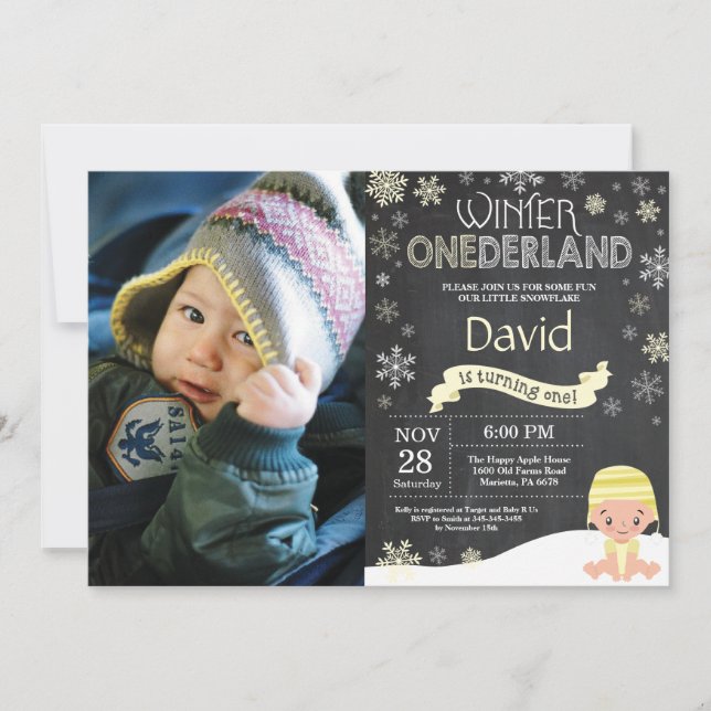 Vinter Onederland 1-års födelsedagsinbjudan Inbjudningar (Framsida)