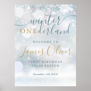 Vinter Onederland 1-årsdag Blå Guld Välkommen Poster