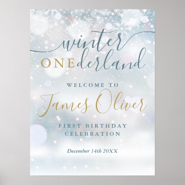 Vinter Onederland 1-årsdag Blå Guld Välkommen Poster (Framsidan)