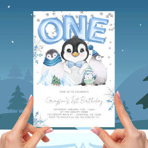 Vinter Onederland 1-årsdag Blå Inbjudningar
