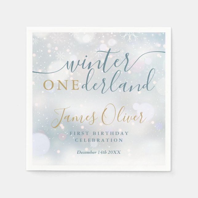 Vinter Onederland 1-årsdag Blå Och Guld Pappersservett (Framsidan)