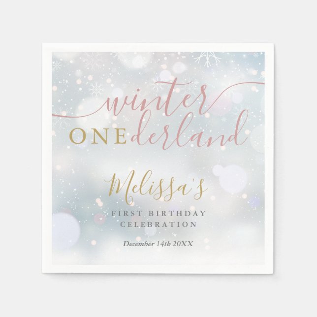 Vinter Onederland 1-årsdag Rosa Och Guld Pappersservett (Framsidan)