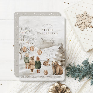 Vinter Onederland Animals & Kids 1:a födelsedag Inbjudningar