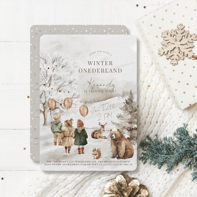 Vinter Onederland Animals & Kids 1:a födelsedag Inbjudningar (Skapare uppladdad)