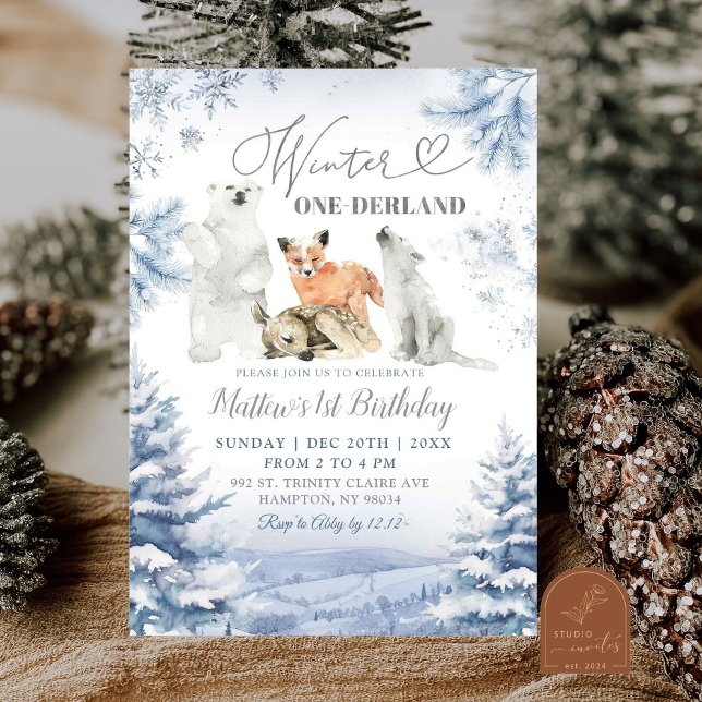Vinter Onederland Arktiska djur Första födelsedag Inbjudningar (Skapare uppladdad)