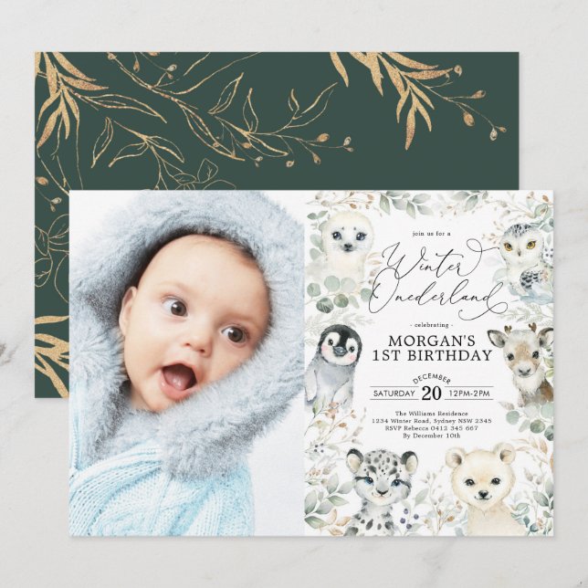 Vinter Onederland Arktiska djur Greenery Birthday Inbjudningar (Fram/baksida)