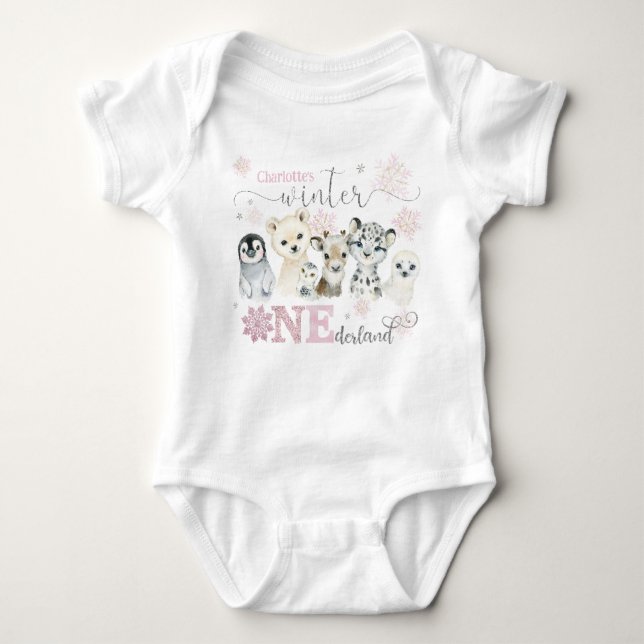 Vinter Onederland Arktiska Djur Rosa 1-års Födelse T Shirt (Framsida)