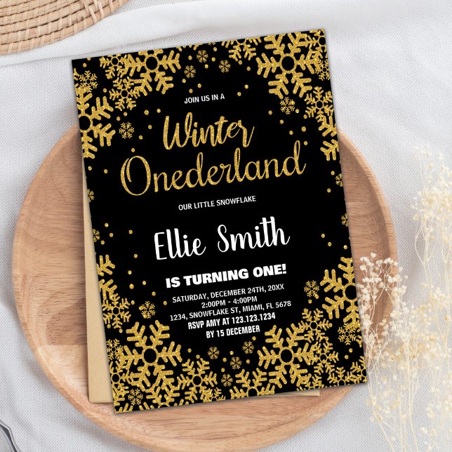 Vinter ONEderland Birthday Bjud Guld Black Inbjudningar (Winter ONEderland Birthday Invitations Gold Black)
