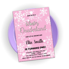 Vinter Onederland Birthday Bjud Rosa Silver Inbjudningar