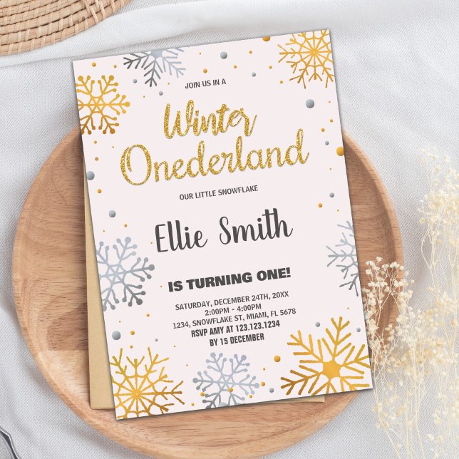 Vinter ONEderland Birthday Bjud Snö Golden Inbjudningar (Winter ONEderland Birthday Invitations Snow Golden)