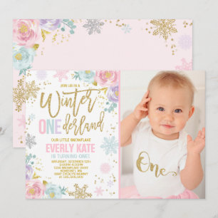 Vinter ONEderland Birthday Inbjudan Pink Gold