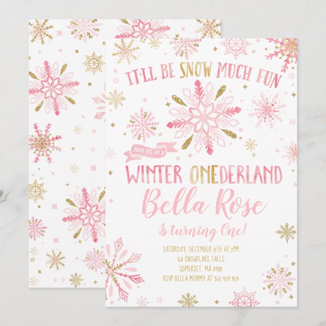 Vinter ONEderland Birthday Inbjudan Pink Gold (Fram/baksida)