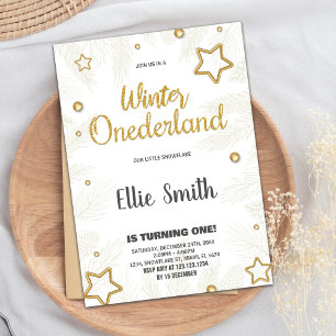 Vinter ONEderland Birthday-inbjudan Star Golden Inbjudningar