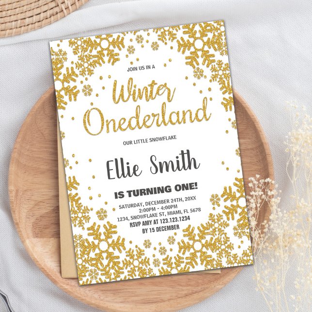 Vinter ONEderland Birthday-inbjudningar Golden Inbjudningar (Winter ONEderland Birthday Invitations Golden)