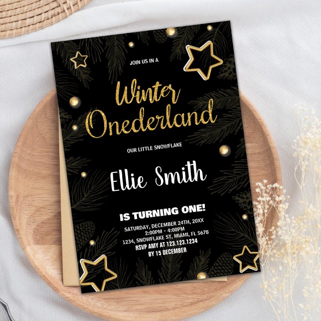 Vinter ONEderland Birthday-inbjudningar Star Black Inbjudningar (Winter ONEderland Birthday Invitations Star Black)