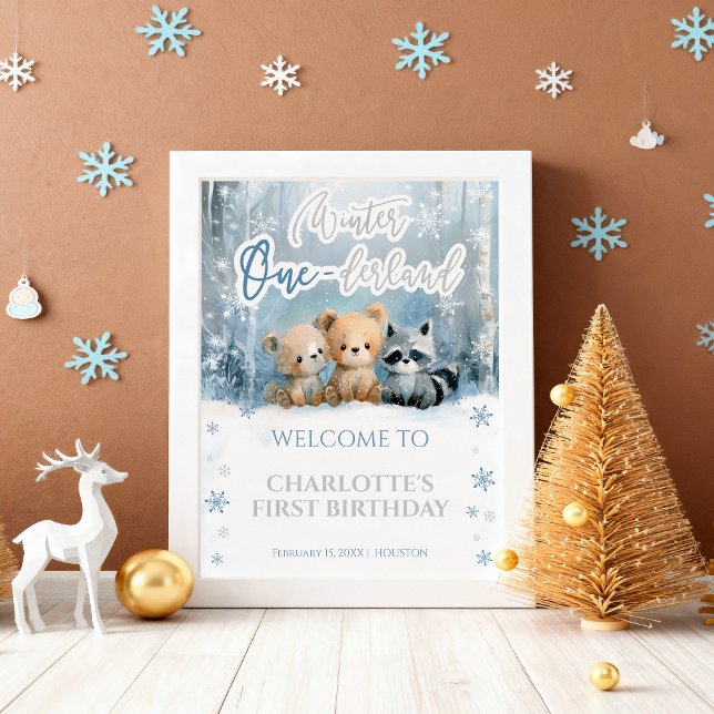 Vinter Onederland Björn Blå Första Välkomstskylt Poster (Skapare uppladdad)