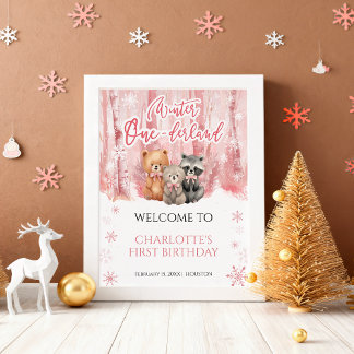 Vinter Onederland Björn Rosa Första Välkomstskylt Poster