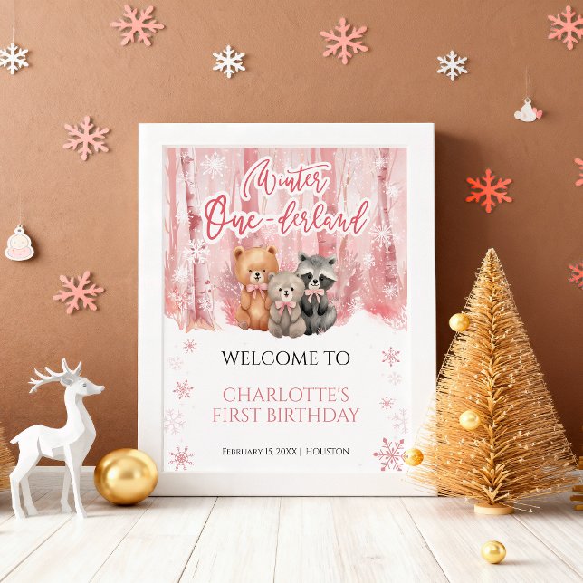 Vinter Onederland Björn Rosa Första Välkomstskylt Poster (Skapare uppladdad)