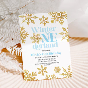 Vinter Onederland Blå Guld Snöflinga 1-årsdag Inbjudningar