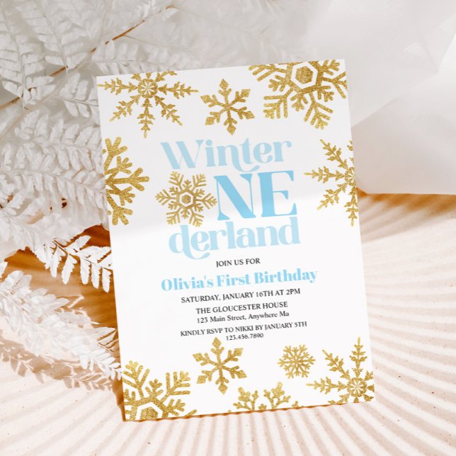 Vinter Onederland Blå Guld Snöflinga 1-årsdag Inbjudningar (Skapare uppladdad)