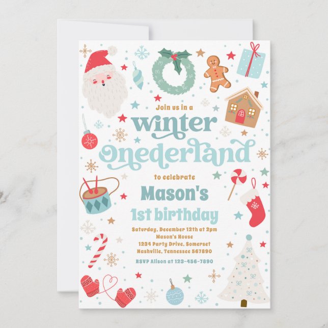 Vinter ONEderland Blå jul födelsedagsfest Inbjudningar (Framsida)