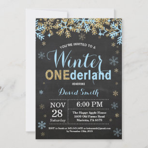 Vinter Onederland Blå och Guld Pojke 1-årsdag Inbjudningar