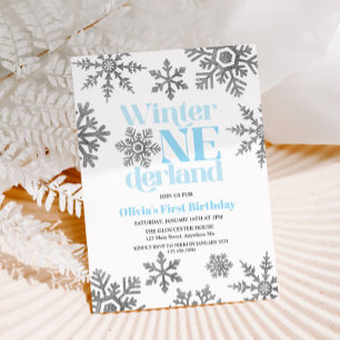 Vinter Onederland Blå Silver Snöflinga Födelsedag Inbjudningar