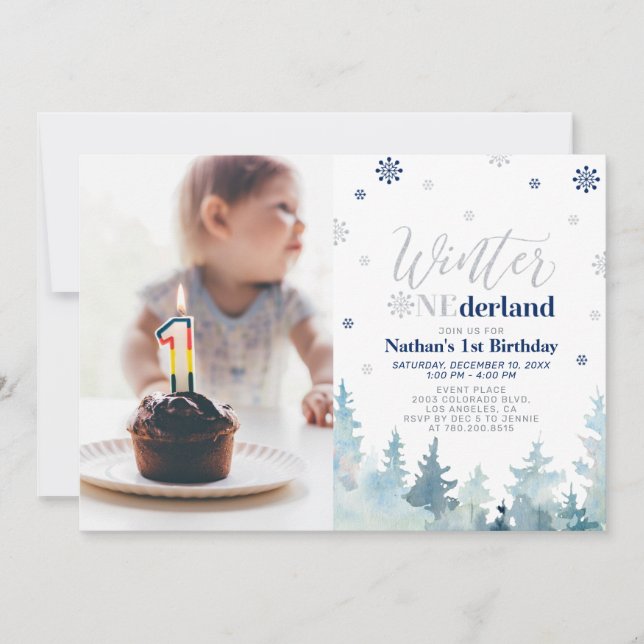 Vinter Onederland  Blue Boy 1-års födelsedagsfoto- Inbjudningar (Framsida)