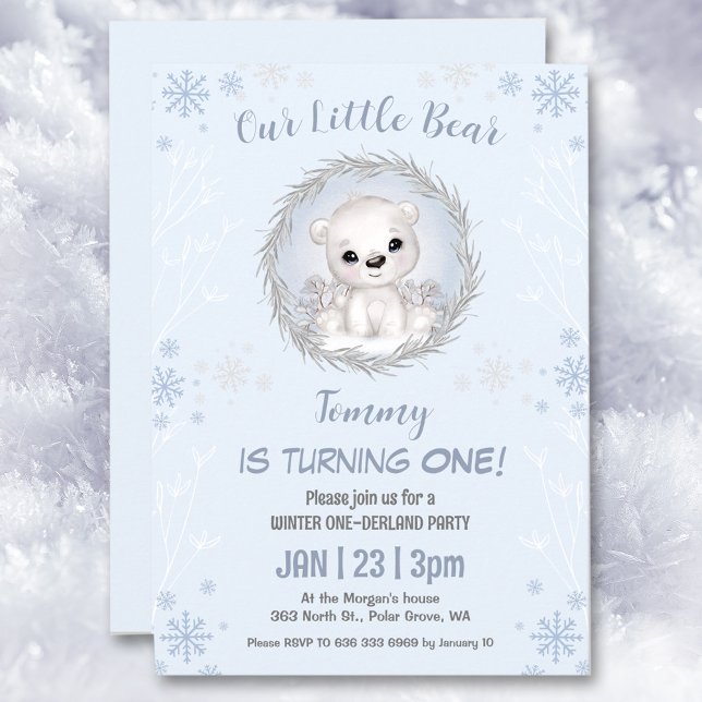 Vinter Onederland Blue Polar Bear 1:a födelsedag Inbjudningar (Winter Onederland Blue Polar Bear 1st Birthday Invitation)