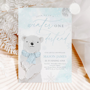 Vinter Onederland Blue Polar Bear Birthday Inbjudningar