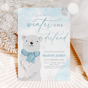 Vinter Onederland Blue Polar Bear Birthday Inbjudningar
