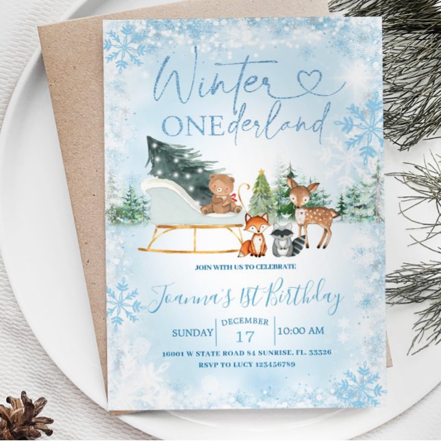Vinter Onederland Blue Snowflake Animal Birthday Inbjudningar (Skapare uppladdad)