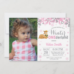 Vinter Onederland Deer Girl 1-års födelsedagsfoto Inbjudningar